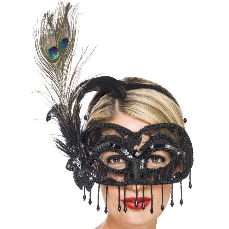 Colombian lace mask peacock feather
