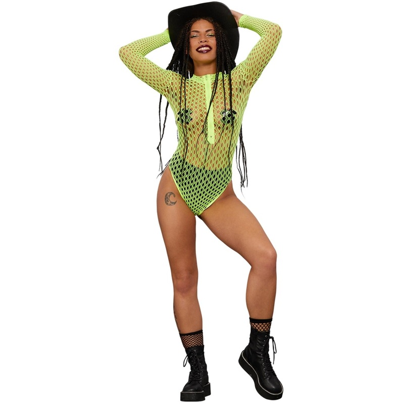 Long-sleeved neon yellow bodysuit with zipper