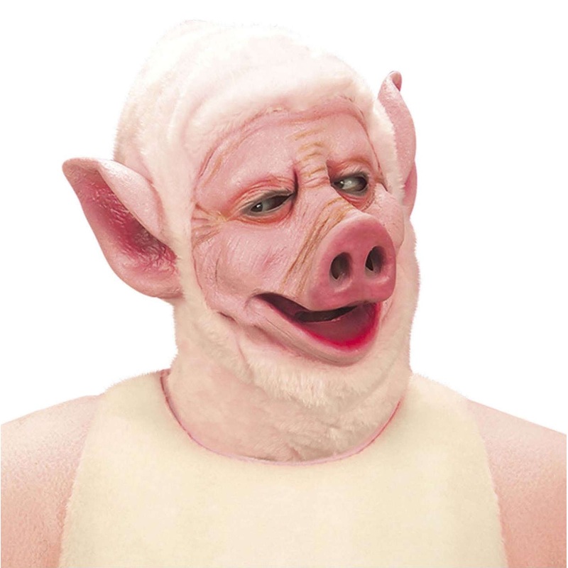 Pink pig head full mask with fur trim