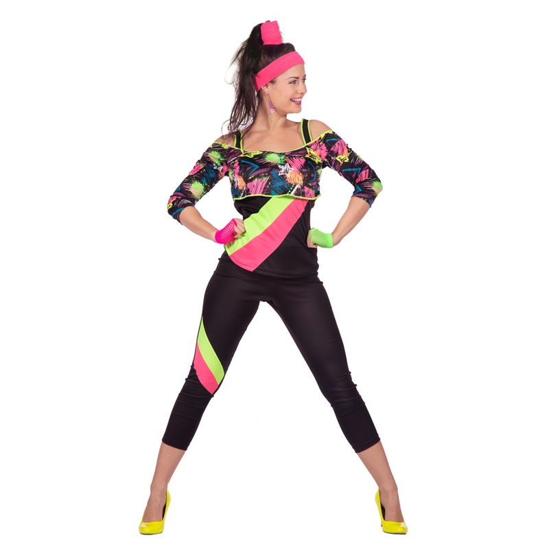 80s aerobics ladies costume black-neon 36