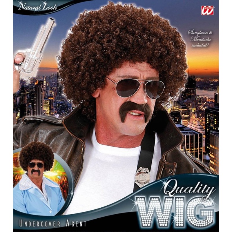 Brown 70s afro wig with mustache and glasses