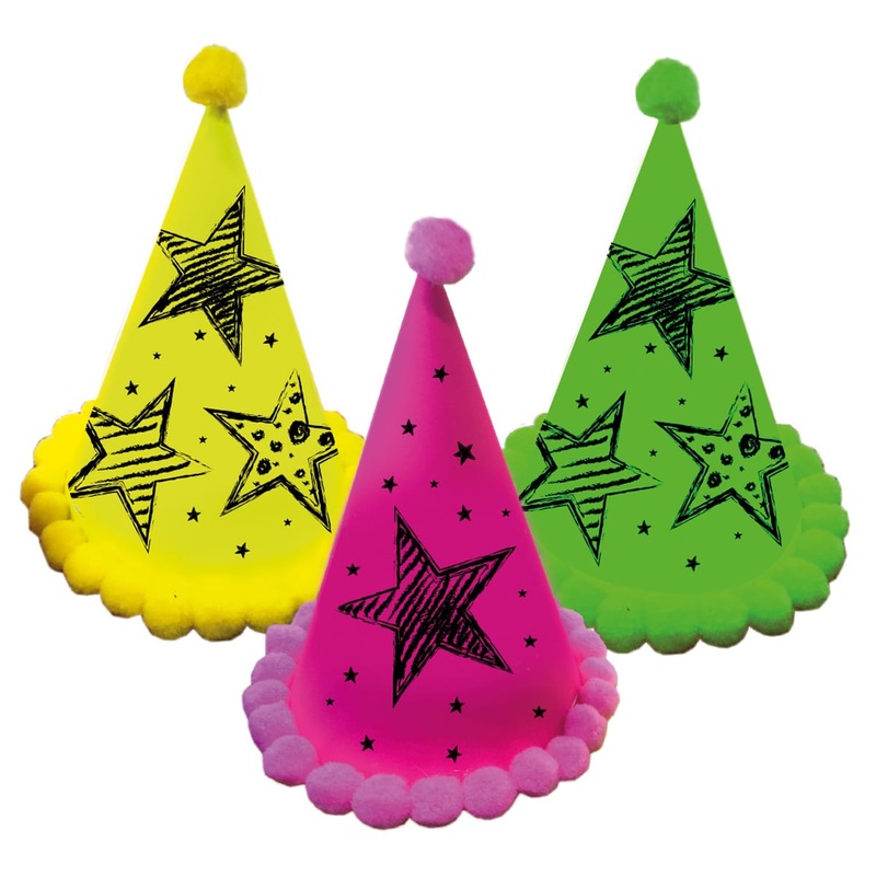 3 Neon Star party hats 17.5cm