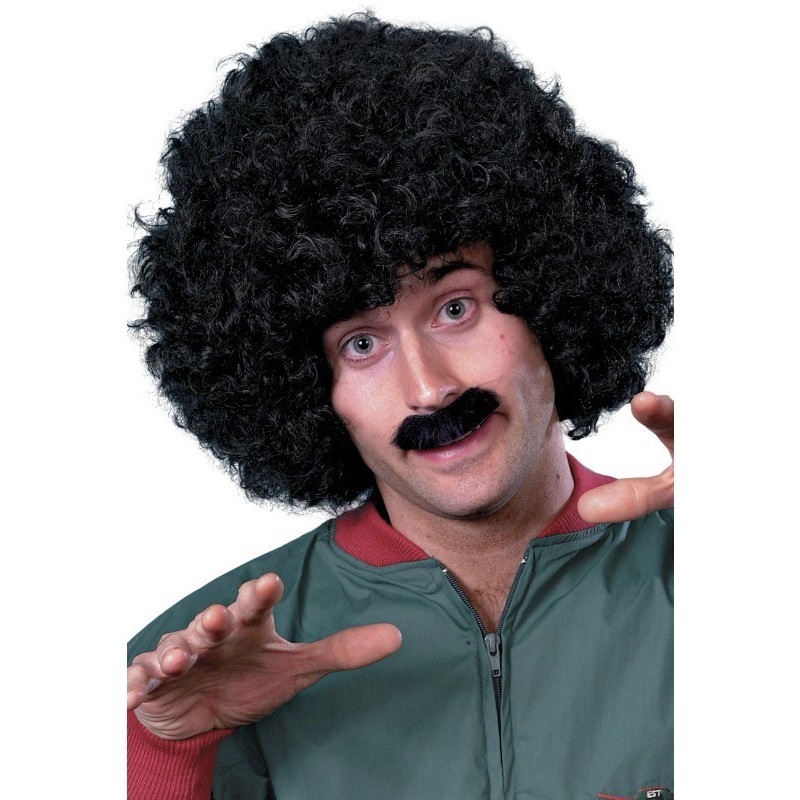 80s Scouser Afro Men's Wig with Moustache Black