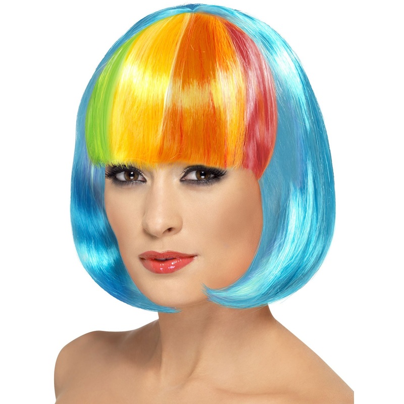 Blue party wig with rainbow bangs
