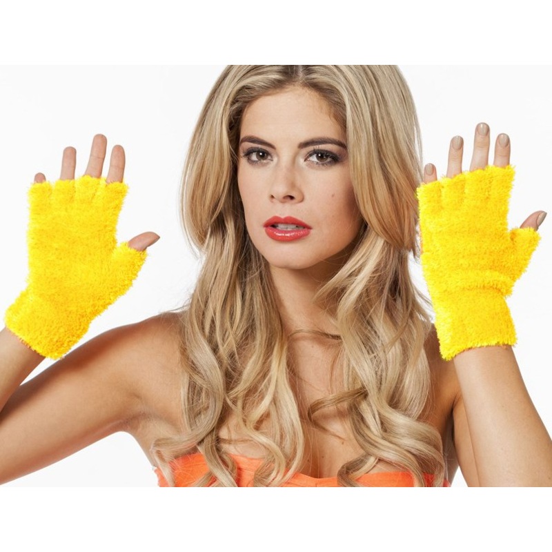 Neon-yellow fingerless plush gloves