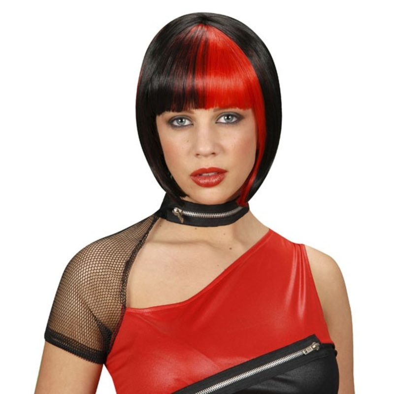 Wig punk girl women black red pony hairstyle bob
