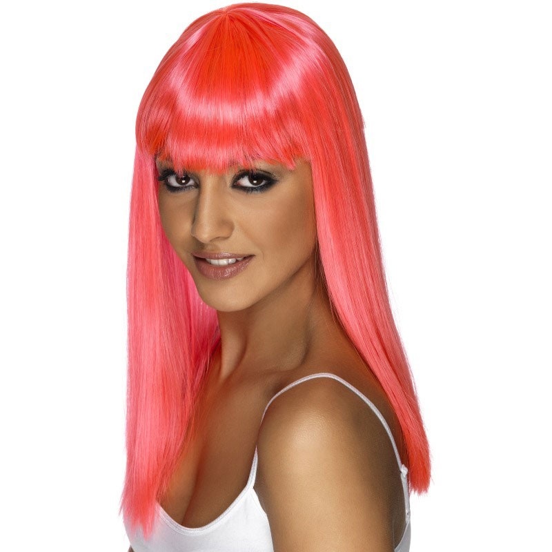 Neon pink party wig with bangs