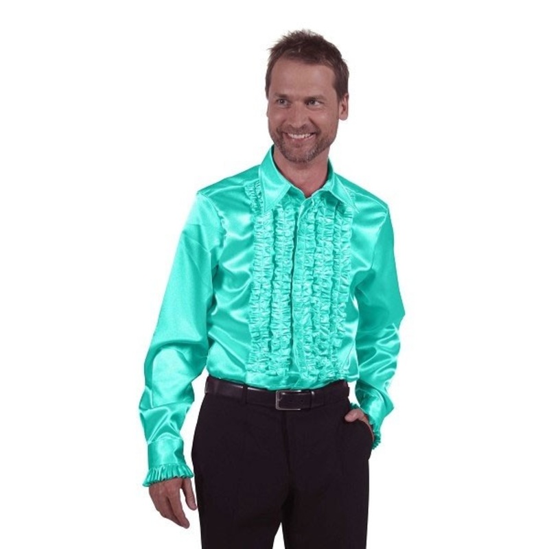 Turquoise blue Schlager ruffled shirt S