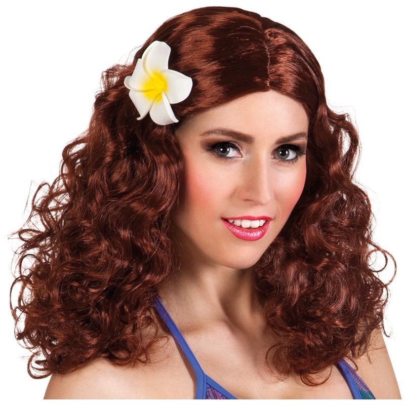 Brown curly wig with Hawaiian flower