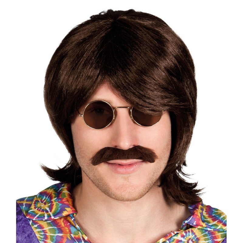 Brown terry hippie wig with mustache