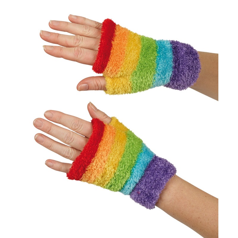 Fingerless rainbow plush gloves