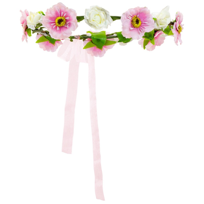 Flowers hair wreath with pink ribbons