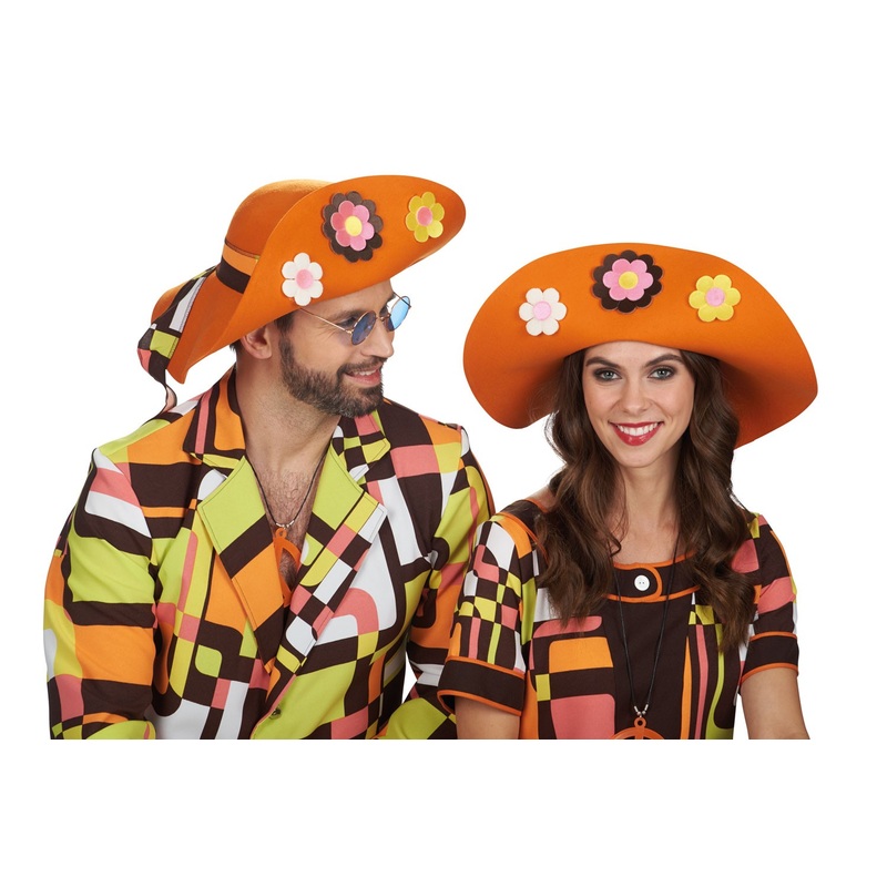 Orange retro flower power floppy hat