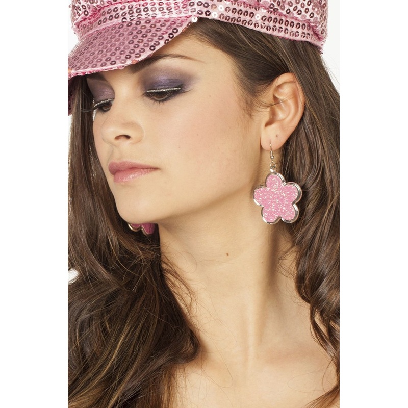 Pink glitter flower earrings