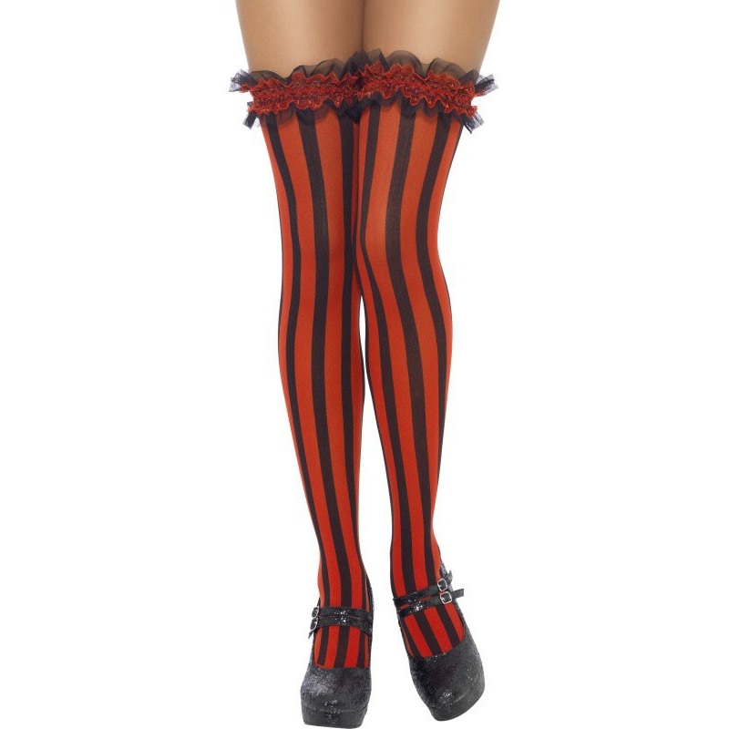 Halloween stockings striped hold-ups with garter belt black red