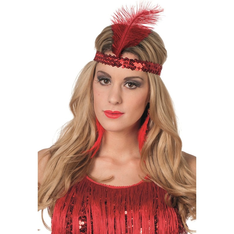 Red Reese sequin headband with feather