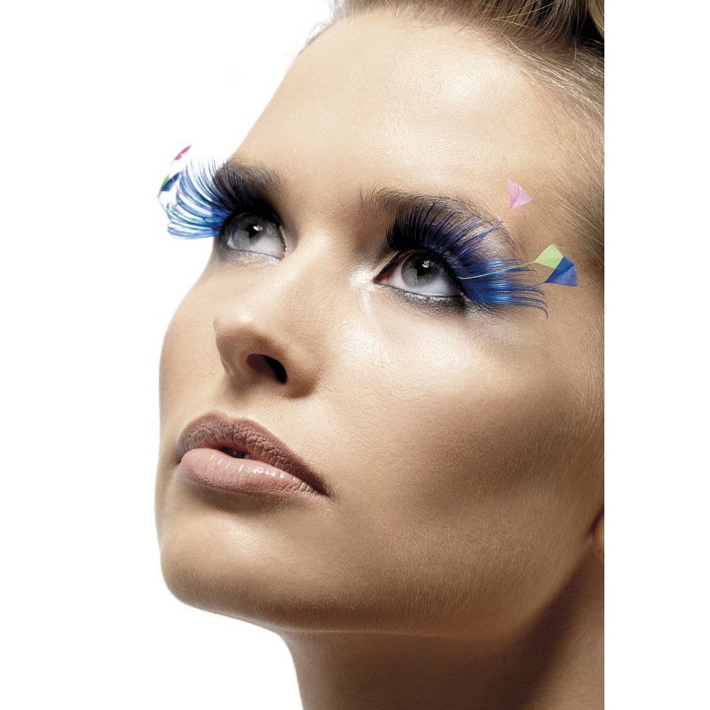 Fake eyelashes with feathers in blue