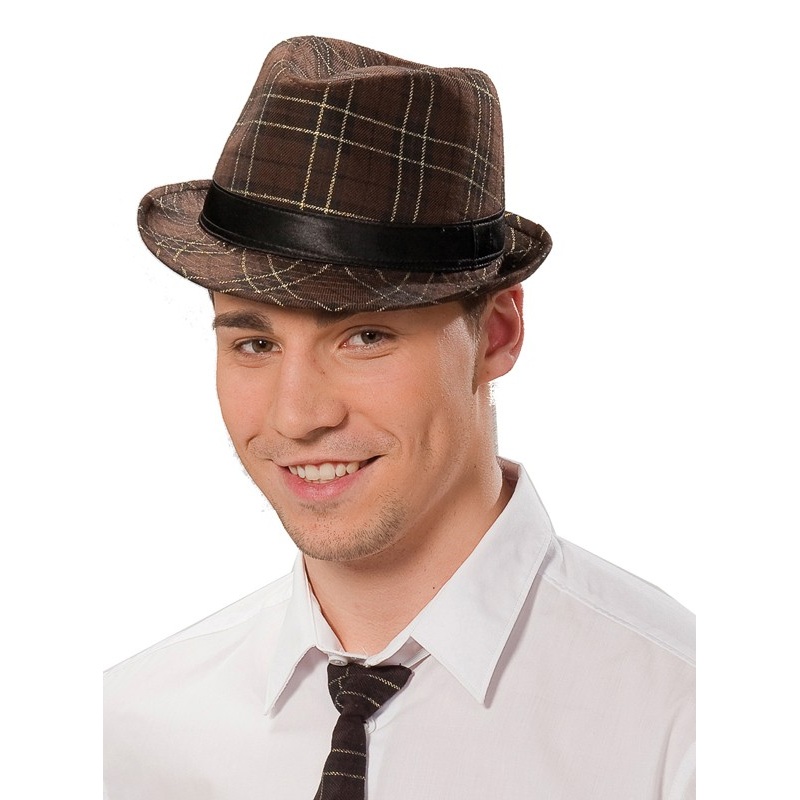 Brown Checkered Fedora Hat Deluxe