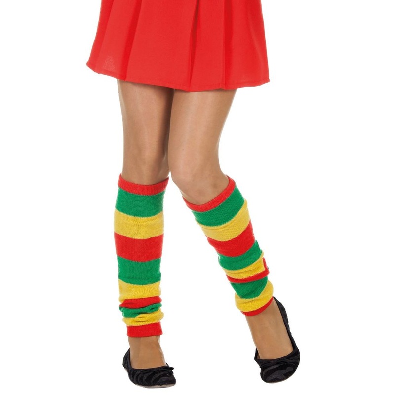 Red-yellow-green striped leg warmers