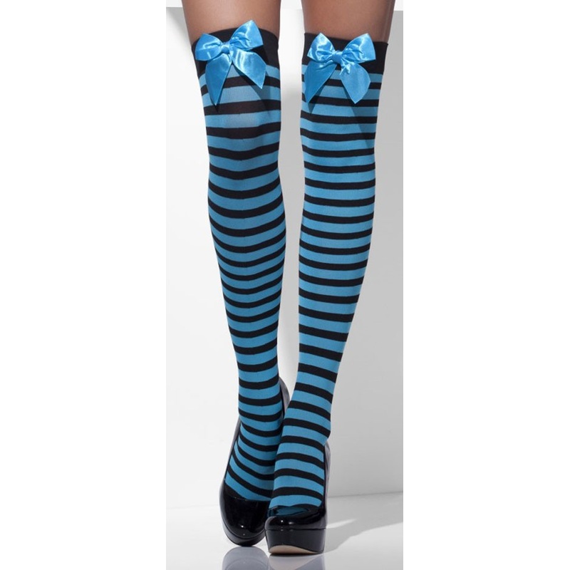 Blue-black striped hold-up stockings