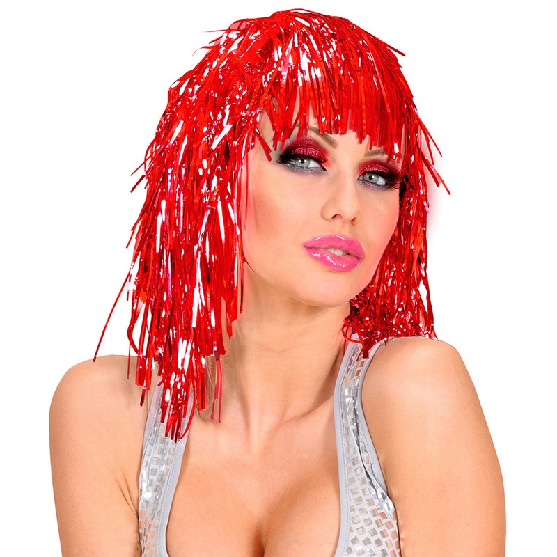 Tinsel party wig in red