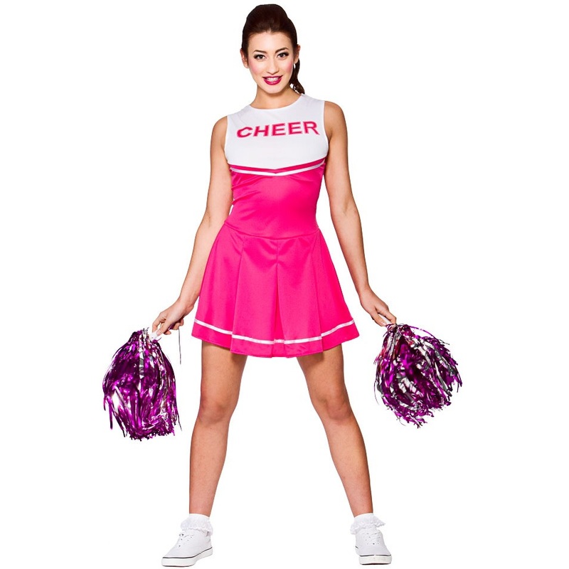 Pink and white cheerleading dress with pompoms XS