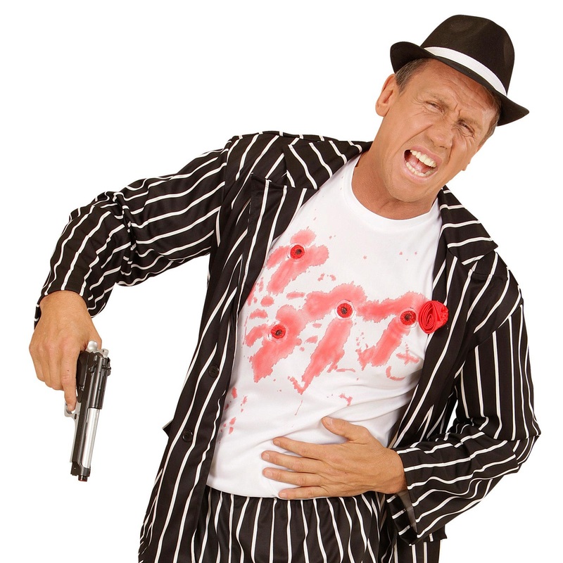 Blood-smeared T-shirt with bullet holes M-L