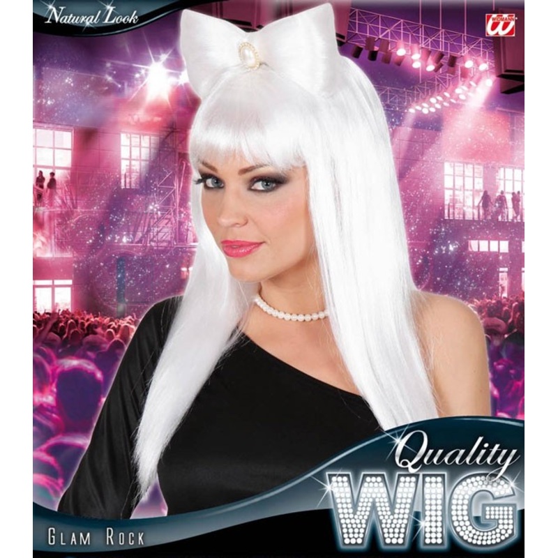 White pop star long hair wig with bow