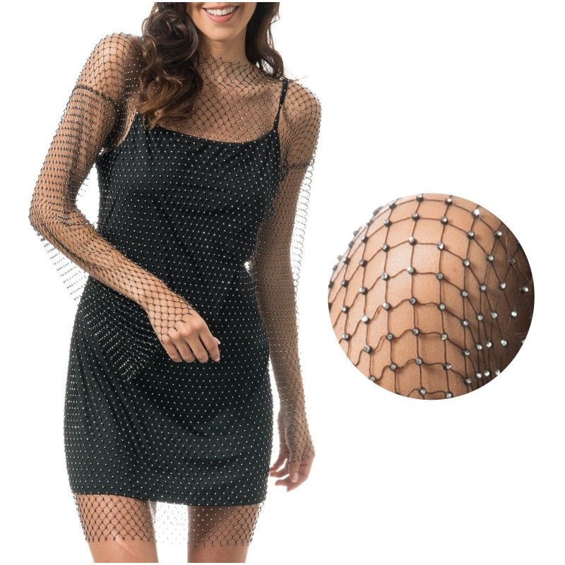 Black Mesh Dress with Rhinestones One Size