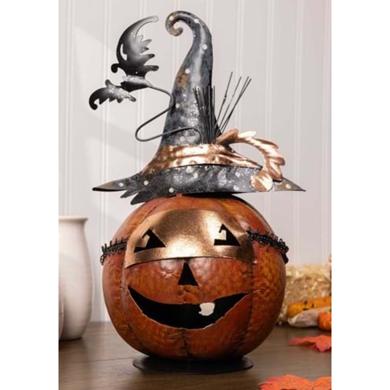 13" Metal Jack O Lantern with Witch Hat and Bat Prop Standard