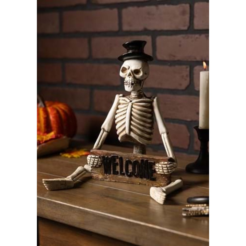 17-Inch Resin Skeleton Man Shelf Sitter with Welcome Sign Decoration Standard