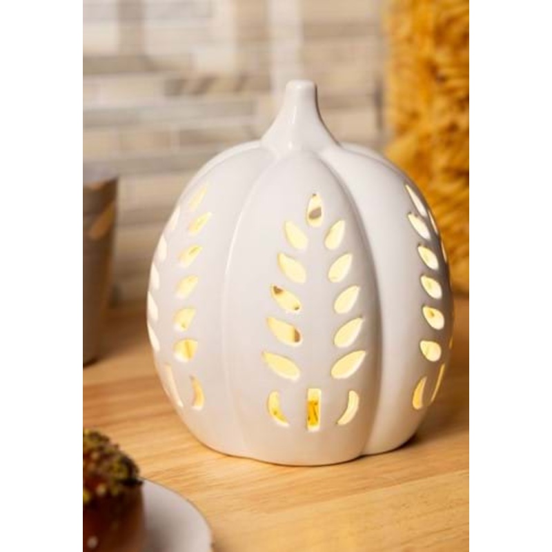 6.75 Inch White Ceramic Cutout LED Pumpkin Decoration Standard