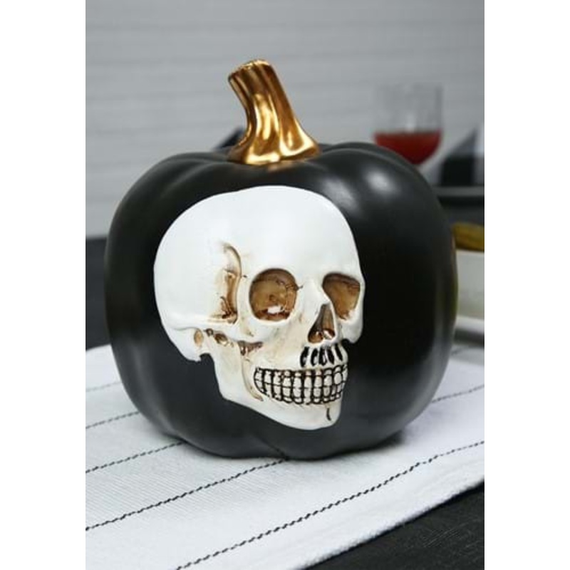 8.5-Inch Black Pumpkin with Embossed Skull Decoration Standard