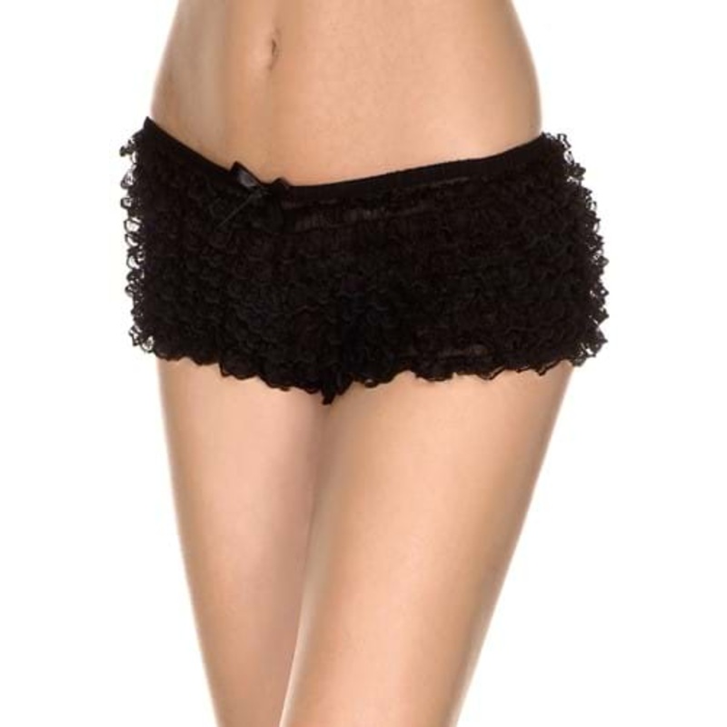 Black Micro Lace Ruffle Tanga Shorts for Women Standard