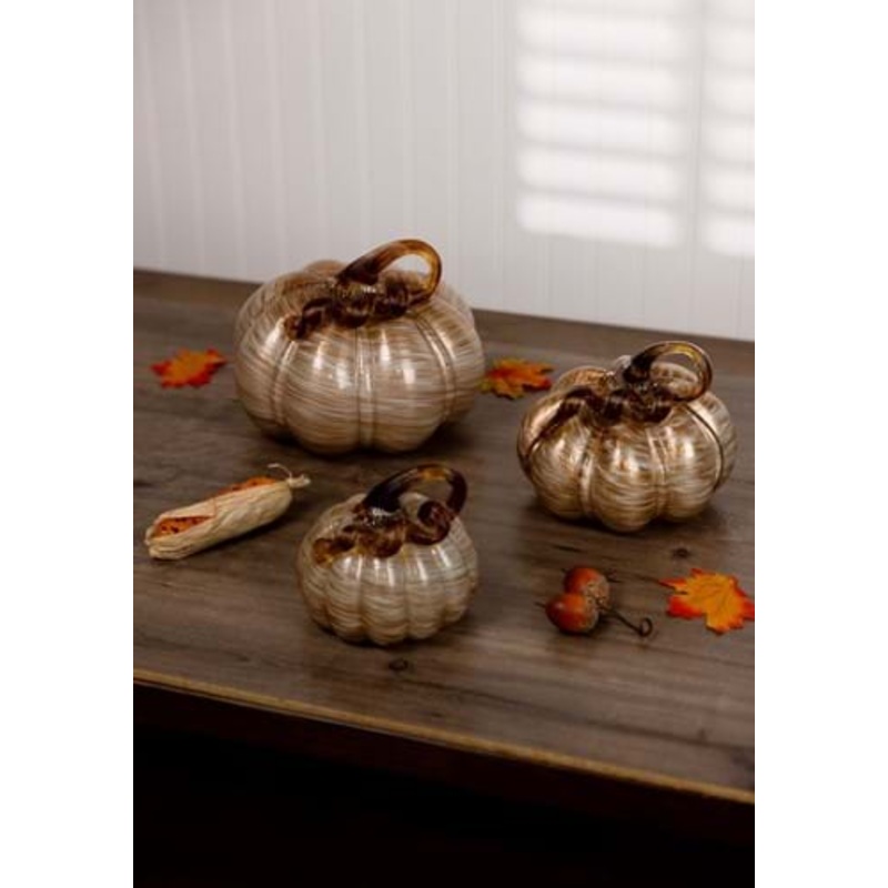 Set of 3 White & Gold Glass Pumpkins Standard