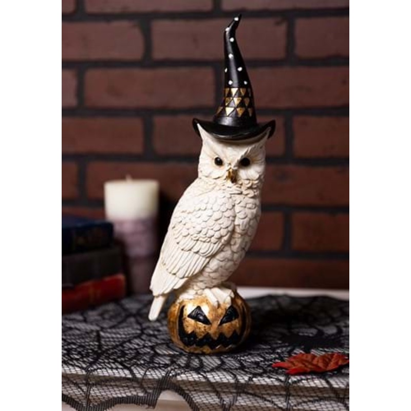 14" Owl with Witch Hat on Gold Jack 'O Lantern Halloween Decoration Standard