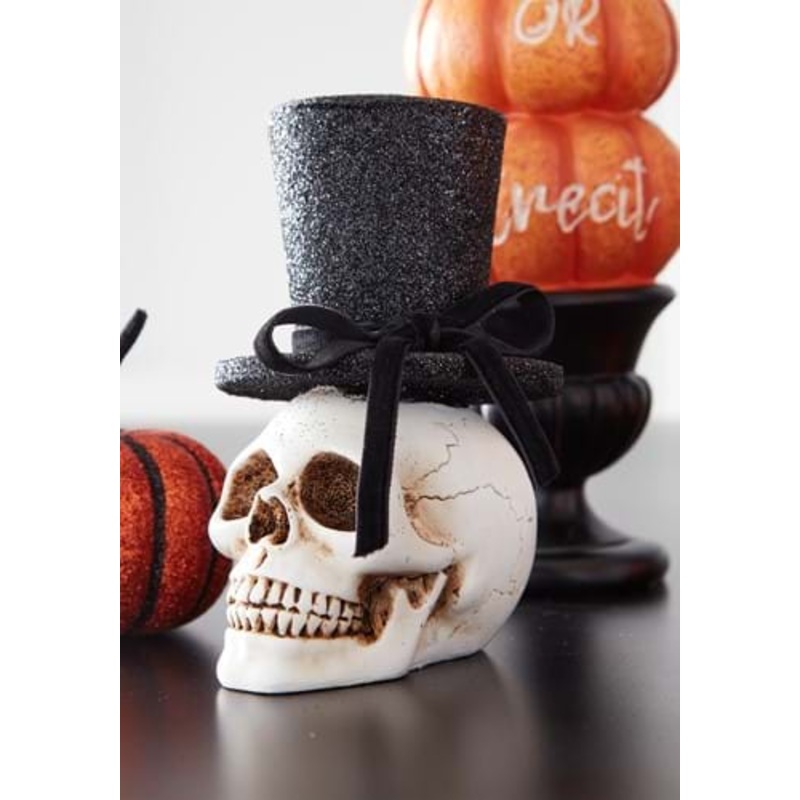 5-Inch Resin Skull with Glittery Black Top Hat Decoration Standard