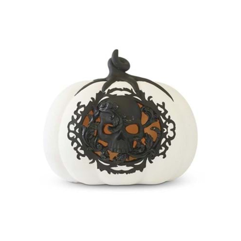 7.75" White & Black LED Pumpkin with Filigree and Skull Decoration Standard