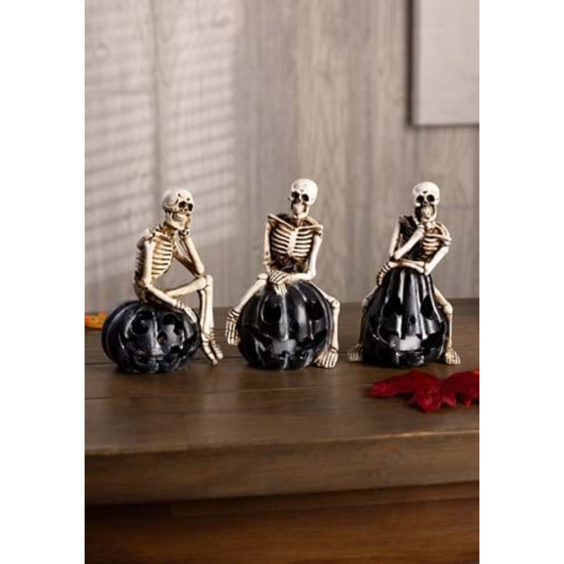 Set of Three Resin Skeletons Sitting on LED Jack 'O Lanterns Decoration Standard