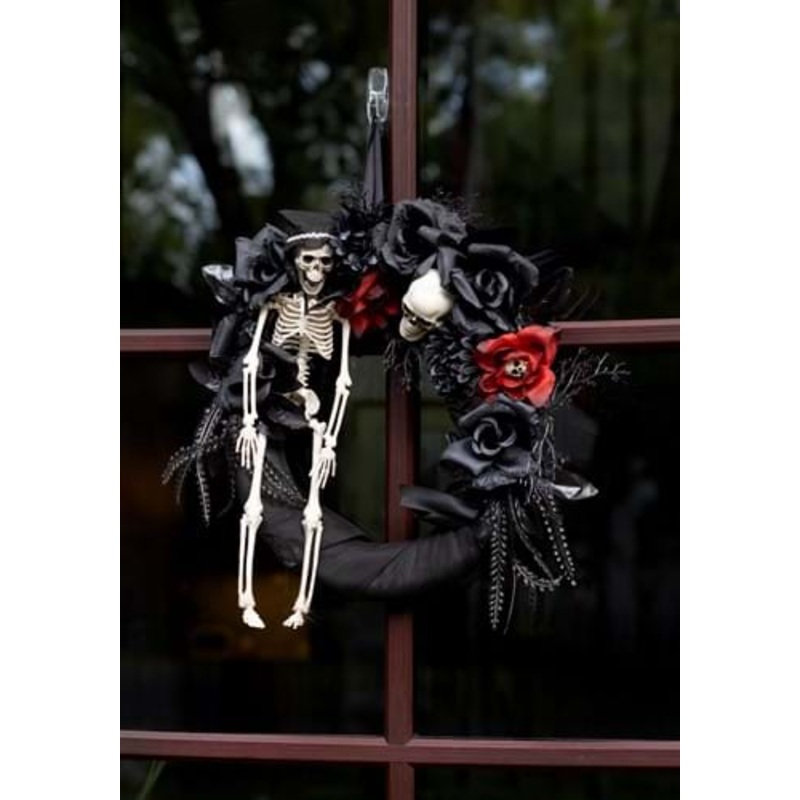 18" Black Halloween Wreath with Skeleton & Flowers Decoration Standard