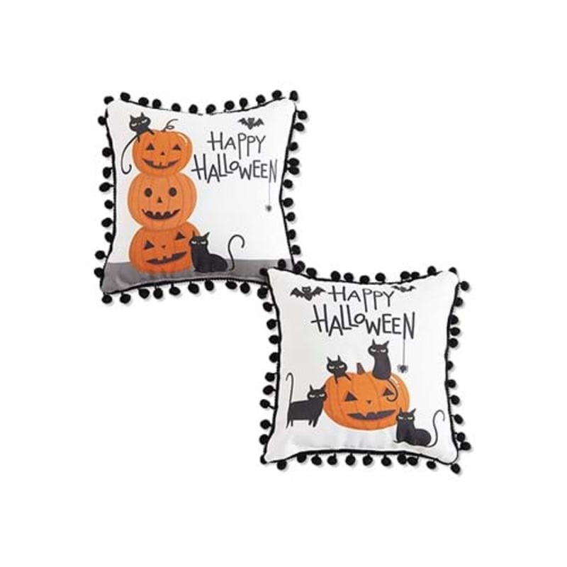 Set of 2 White Happy Halloween 9" Decorative Pillows with Black Pom Poms Standard
