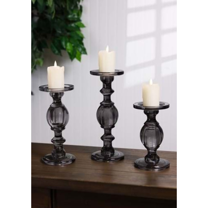 Set of Three Transparent Gray Glass Candleholders Standard