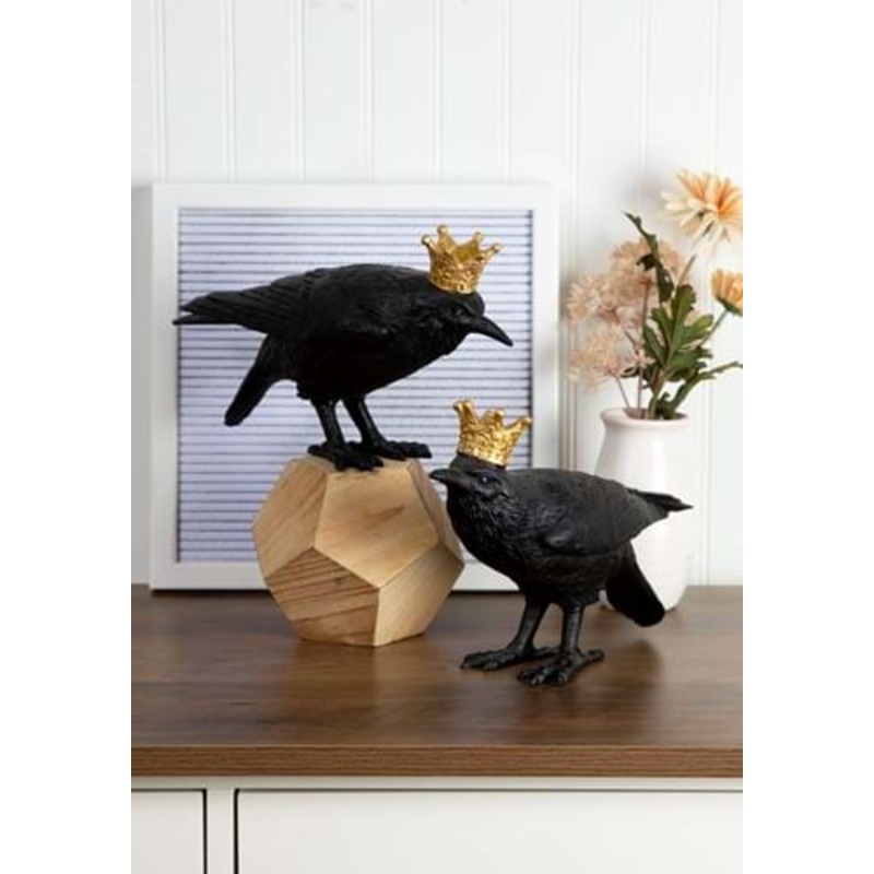 Set of Two Resin Crows with Gold Crowns Halloween Decoration Standard