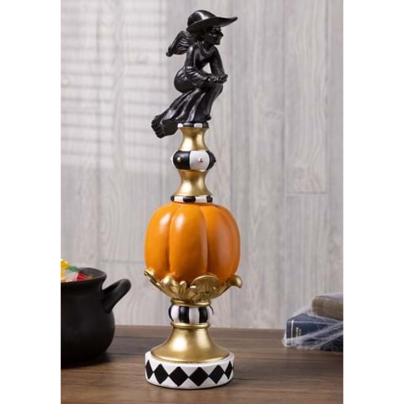 17-Inch Resin Black White Orange and Gold Finial with Flying Witch Decoration Standard