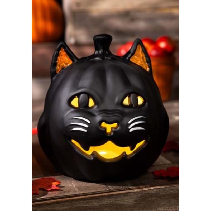9-Inch Vintage Black Cat Light Up Jack O' Lantern Halloween Decoration