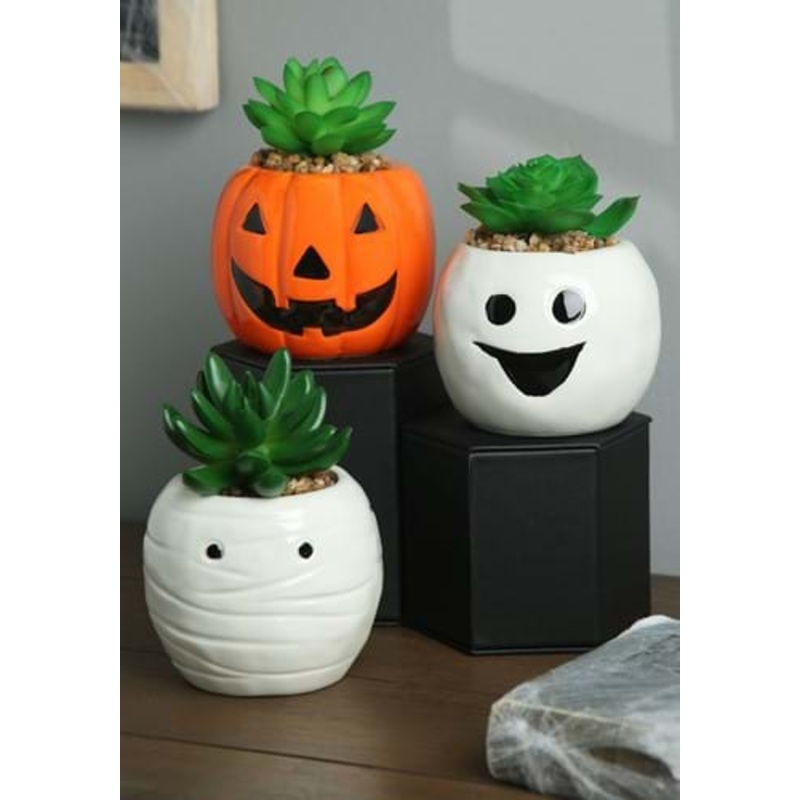 Halloween Pumpkin, Ghost, and Mummy Succulent Planter Set Standard