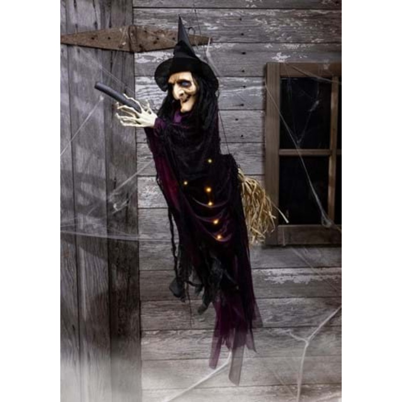 Flying Scary Witch on Broom with  Lights & Voice Decoration Standard