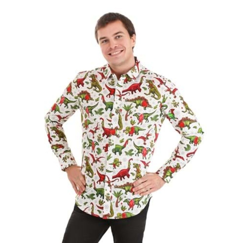 Christmas Dinosaurs Button Up Shirt for Adults X-Small