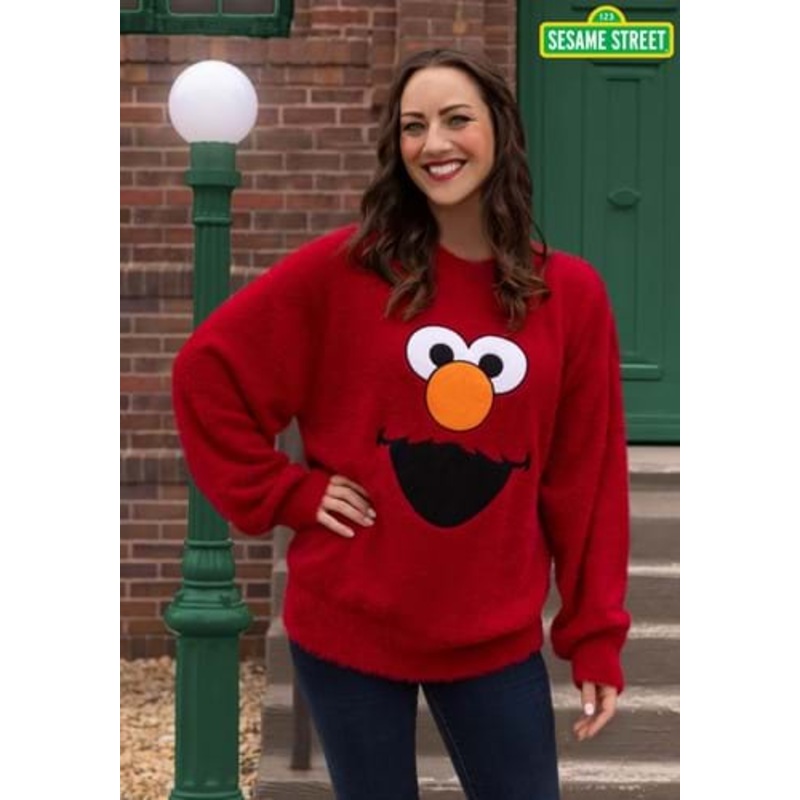 Sesame Streets Fuzzy Elmo Oversized Sweater for Adults X-Small