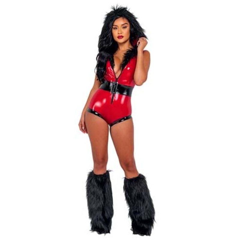 Sexy Santa Bodysuit with Black Faux Fur Small